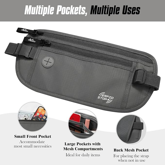 MoKo Travel Money Belt, Hidden RFID Blocking Passport Wallet, Dark Gray | Slim money belt has a hidden pocket, moisture-wicking backing, RFID-blocking material, and an adjustable elastic strap. - Image 4