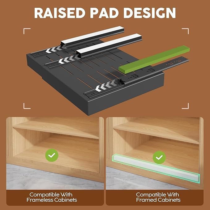 Seinloes 2 Pack Expandable Pull Out Cabinet Organizer 21"Deep With Raising Pad for Framed Cabinets,Upgrade 3 Slide Rails Slide Out Drawers,Roll Out Shelves Adhesive,Adjustable Width 15.15"-26.3" Black - Image 2