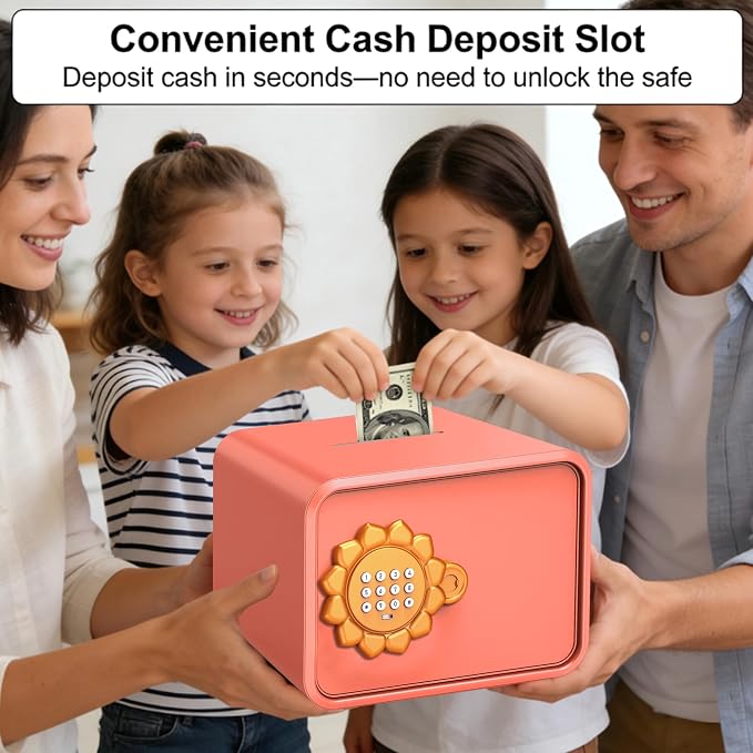 Pink Sunflower Mini Steel Safe with Auto Door & Coin Slot, Small Safe Box for Cash, Jewelry, Personal, Cosmetics & Goal Savings, for Kids, Teens & Renters, Home, Office, Hotel Use - Image 5