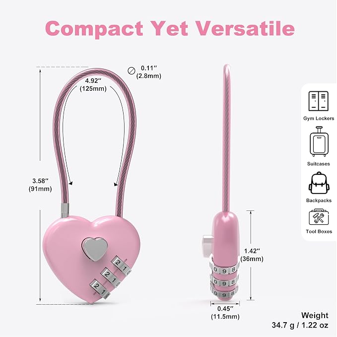 Small Combination Lock for Locker, Cable Lock with Code, Pink Padlock Combination, for Luggage, Suitcase, Gym Locker, Backpack Zipper, Cabinet, Box, Fence Gate, Travel Safe, Outdoor Use - Image 3