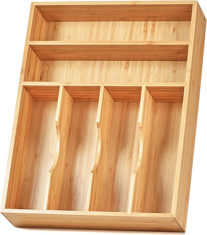Kitchen Drawer Organizer, 12 Inch Silverware Utensil Tray Holder, Extra Deep, with Non-Slip Feet & Grooved Drawer Divider, 6 Slots Total Bamboo Wood Caddy for Flatware Cutlery Knives by Umilife