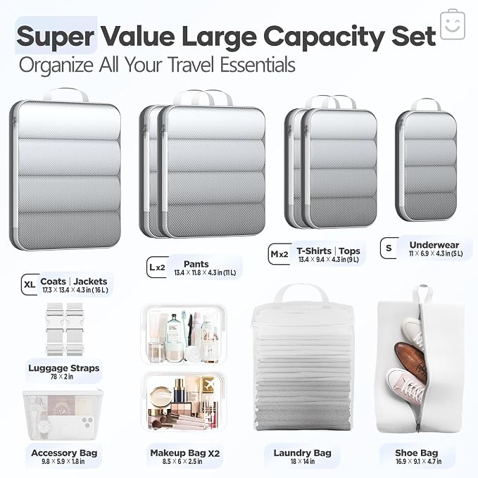 1/2/6/8/9/10/11 Set Compression Packing Cubes Garment Bags Garment Bag for Travel Essentials,White - Image 2