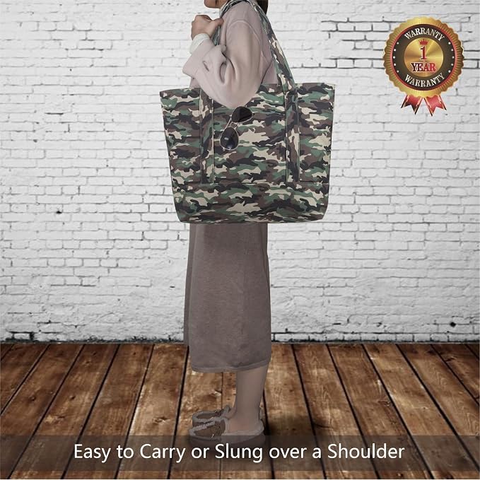 TOPDesign 1-Pack Canvas Tote Bag with an External Pocket, Reusable Grocery Shopping Bag, Top Zipper Closure, Daily Essentials (Camo) - Image 2