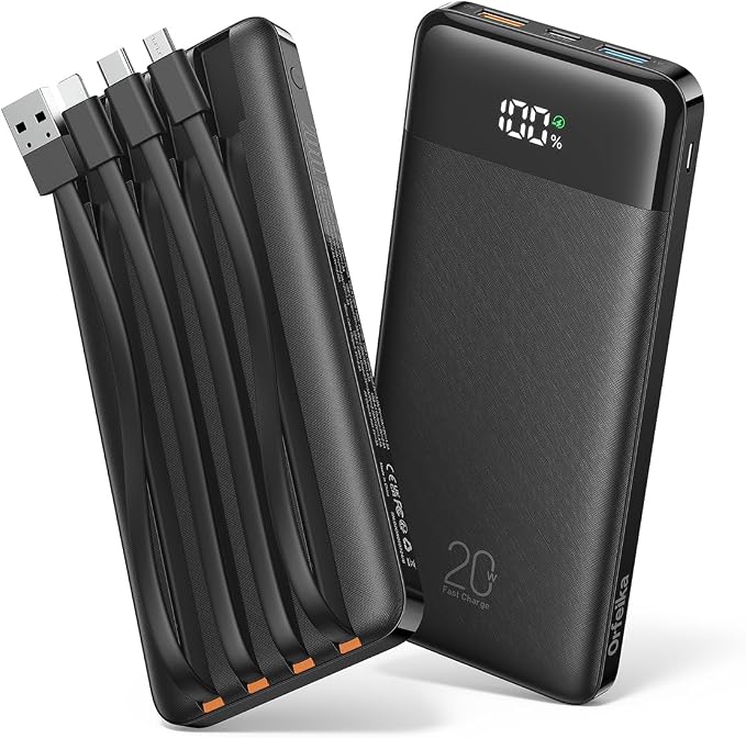 Orfeika 20000mAh Power Bank, Portable Charger with 4 Built-in Cables | 20W PD USB C Fast Charging,6 Outputs,LED Display,Flight-Safe,Travel Essentials Battery Pack for iPhone, Galaxy, iPad & More by Orfeika