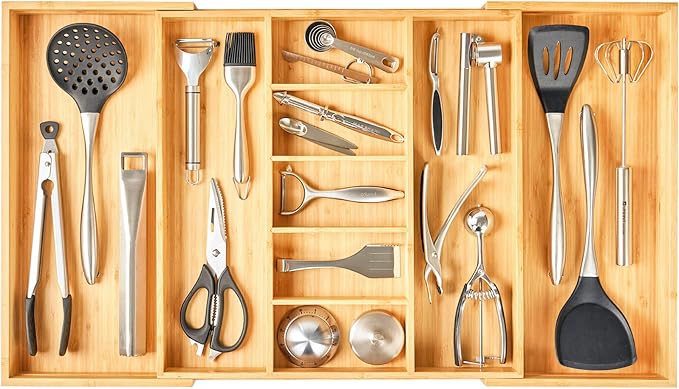 Extra Large Expandable Kitchen Drawer Organizer for Utensil and Junk, 19" Deep for Big Drawer, 19" to 33" Adjustable Bamboo Wood Drawer Divider, Cutlery Tray, Flatware Holder by Umilife