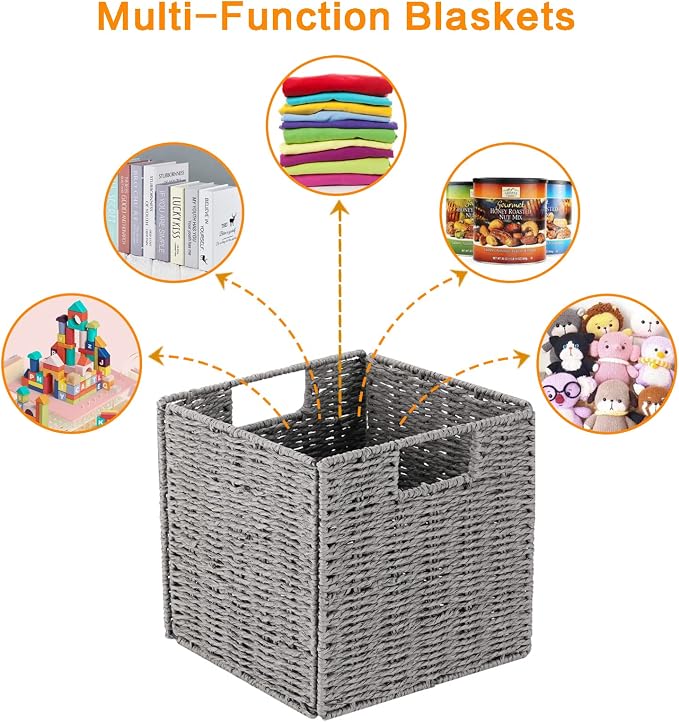 Storage Basket, Set of 2 Hand-Woven Paper Rope Wicker Baskets for Storage, Foldable Cube Storage Bins Organizer, 9 inch Medium Wicker Storage Baskets for Shelves Pantry Organizing Decor, Grey - Image 7