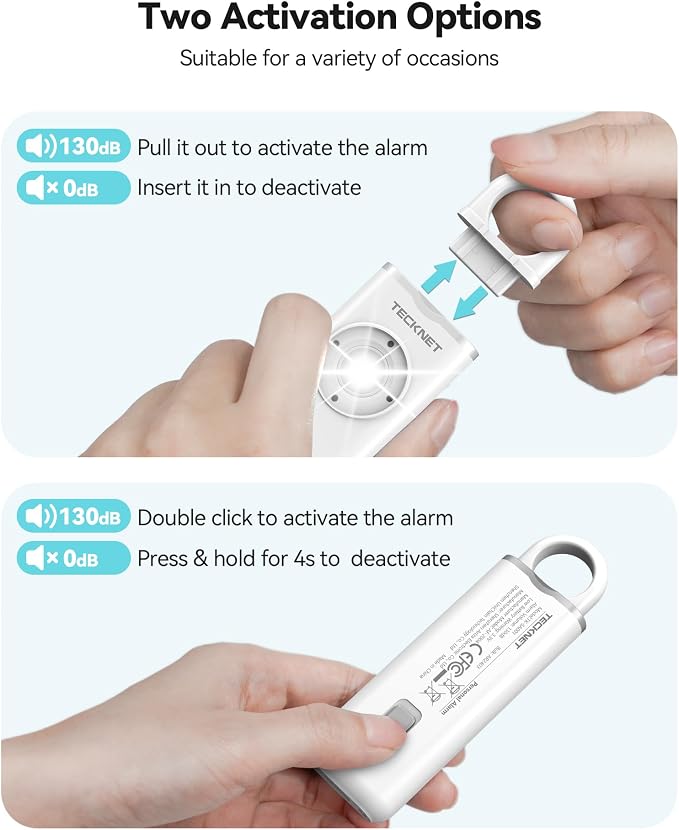 TECKNET Rechargeable Personal Safety Alarm for Women, 130dB Self Defense Keychain Alarm with SOS Strobe Light, Low Battery Notice, Loud Siren Safety Keychain for Girls Kids Elderly - White - Image 3