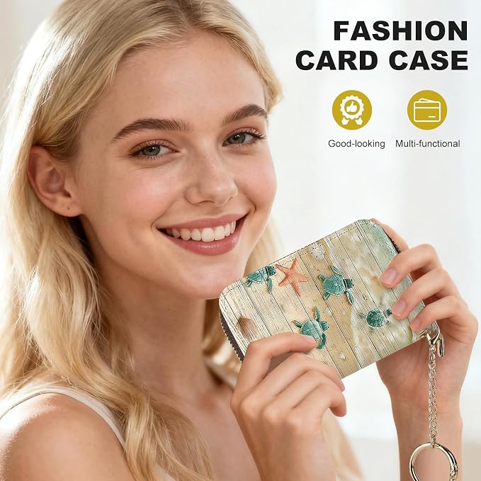 Credit Card Holder for Women,Small Rfid Wallet with Keychain Zipper,Cute PU Leather Card Case Wallet，Accordion Credit Card Wallets Gift,Turtle - Image 6