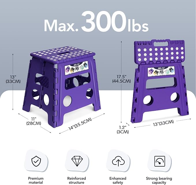 Delxo Folding Step Stool 13 Inch,300 Lbs Step Stool for Adults Purple | Foldable Step Stool 13",Non-Slip Foot Stools with Handle,Lightweight Collapsible stools for Kitchen,Bathroom,Bedroom,Garden - Image 2