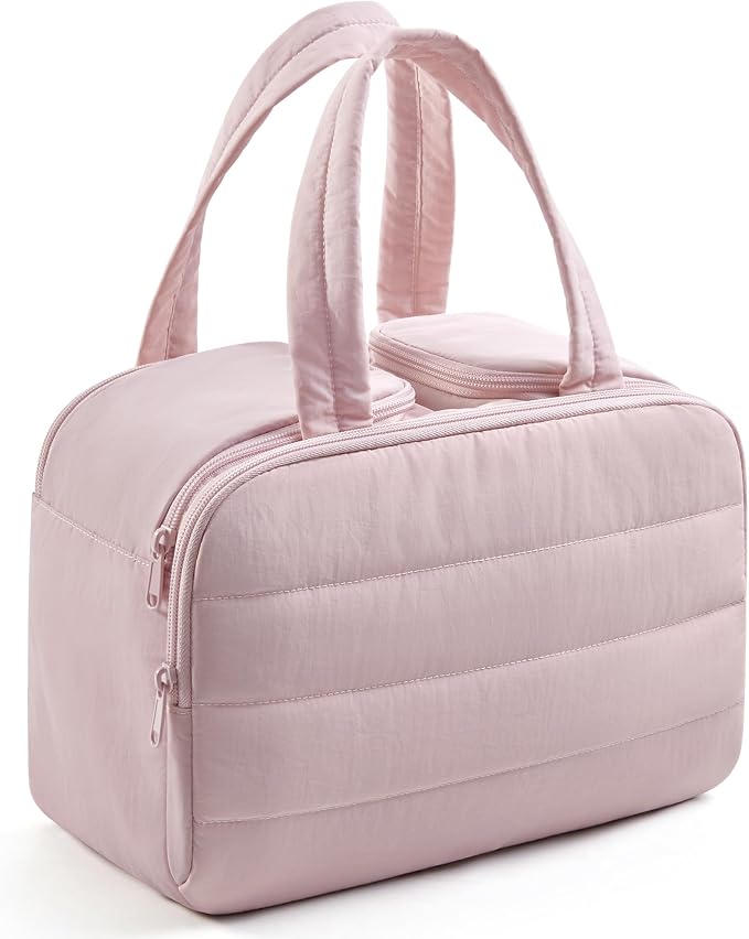 Travel Toiletry Bag, Quilted Travel Makeup Cosmetic Bag Organizer, Toiletry Bags for Traveling Women, Make up Bag with Handle, Baby Pink by LIGHTFLIGHT