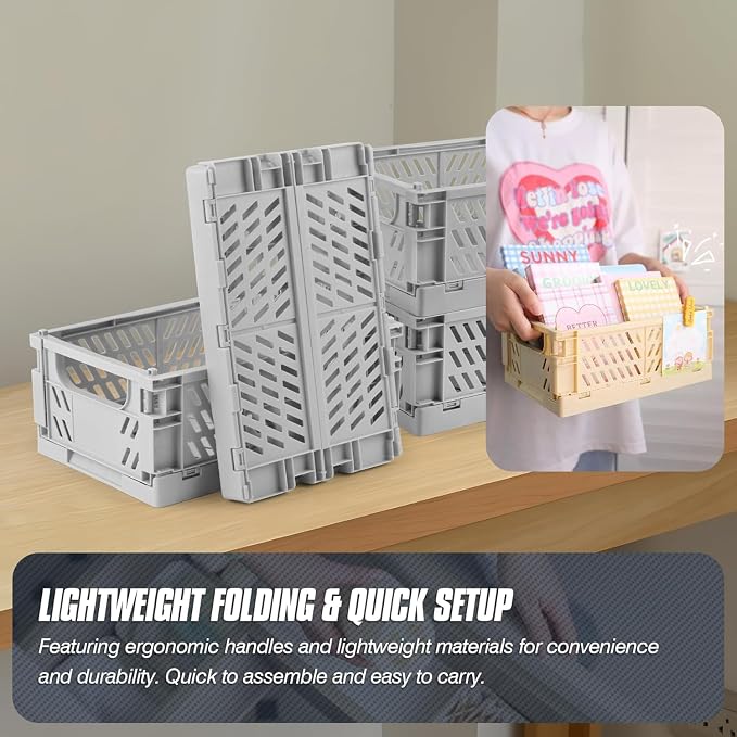 4 Pcs Collapsible Storage Crates, 10x5.9x4 inches Space-Saving Folding Containers, Stackable Plastic Boxes for Home Kitchen Office Bedroom Bathroom, Light Gray - Image 3