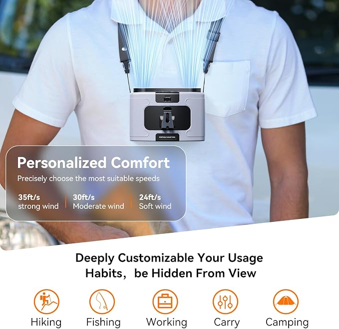Doublepow 10000mAh Portable Waist Fan, Personal Dual Waist Fan, Clip On Belt Hanging Neck, Dual Motor 20H&10 Speed 16000RPM Strong Airflow, USB Rechargeable Fans, for Outdoor Work Travel(K60-Gray) - Image 2
