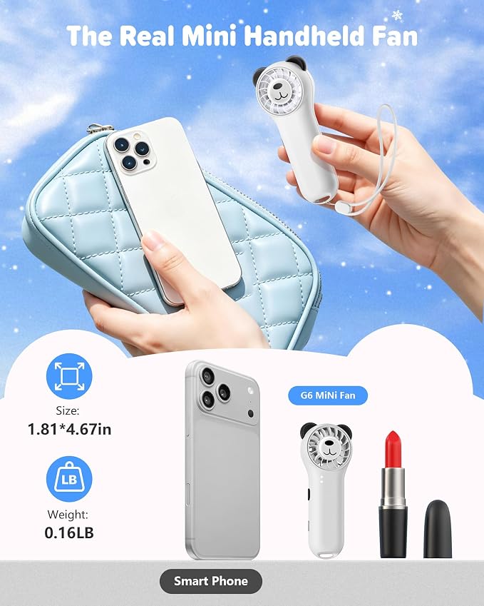 Portable Handheld Fan, Cute Bear Mini Fan with 11000 RPM High Speed, Rechargeable Personal Fan with 4 Speeds, Pocket Small Fan for Travel, Makeup, Lash, Gifts for Women Girl - White - Image 6