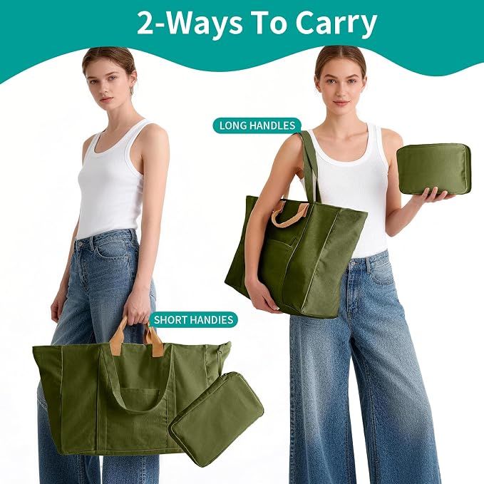 20" 12 Gal Extra Large Canvas Travel Tote Bag with Zipper | Oversized foldable lightweight tote, dual handles, big weekender carry tote for travel, shopping, overnight trip - Image 7