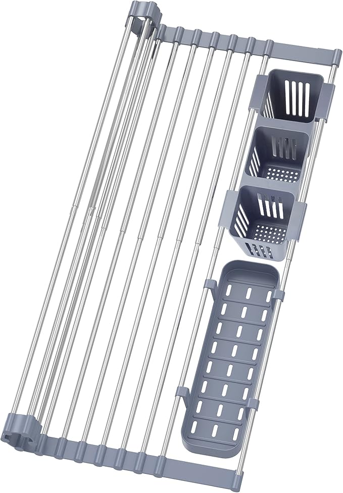 BBXTYLY Expandable Roll Up Dish Drying Rack Up to 22.8''with 2 Storage Baskets,Over The Sink Kitchen Rolling up Dish Drainer Drying Rack, Foldable,Rollable,for Kitchen Dishes(Expandable Width Size) by BBXTYLY