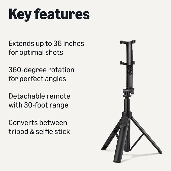 Amazon Basics 36" Portable Selfie Stick Mini Tripod for Phone with Detachable Remote, 360-Degree Rotation, 30-Foot Range, Compatible with iPhone, Samsung, and More, Black - Image 2