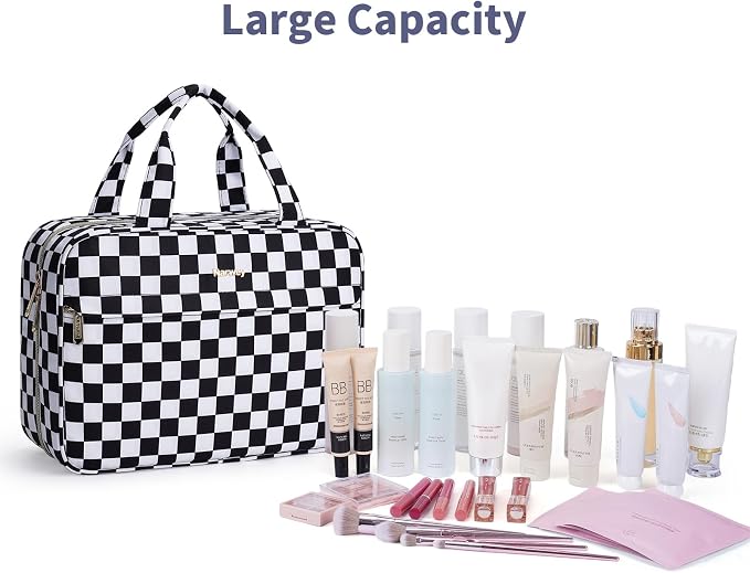 Narwey Hanging Travel Toiletry Bag for Women Checkered Makeup Bag Organizer Cosmetic Make up Toiletries Bag for Travel Essentials Accessories (Black Checkerboard, Large) - Image 6