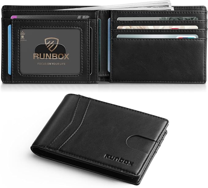 RUNBOX Wallet for Men Slim Leather Bifold RFID Blocking Minimalist Front Pocket Design with Gift Box | Minimalist Front Pocket Design, Holds 8 Cards, RFID Protection, Gifts for Men on Birthdays, Father’s Day, and Christmas by RUNBOX