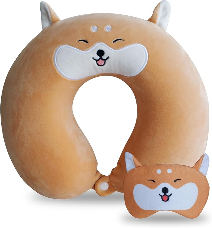 Cute Travel Pillow with Sleep Eye Mask Cartoon Headrest & Neck Pillow for Kids Boys & Girls, Teens, Travel Accessories for Airplane, Car, Recline, Home Use Memory Foam Flight - Cute Yellow Corgi - Image 7