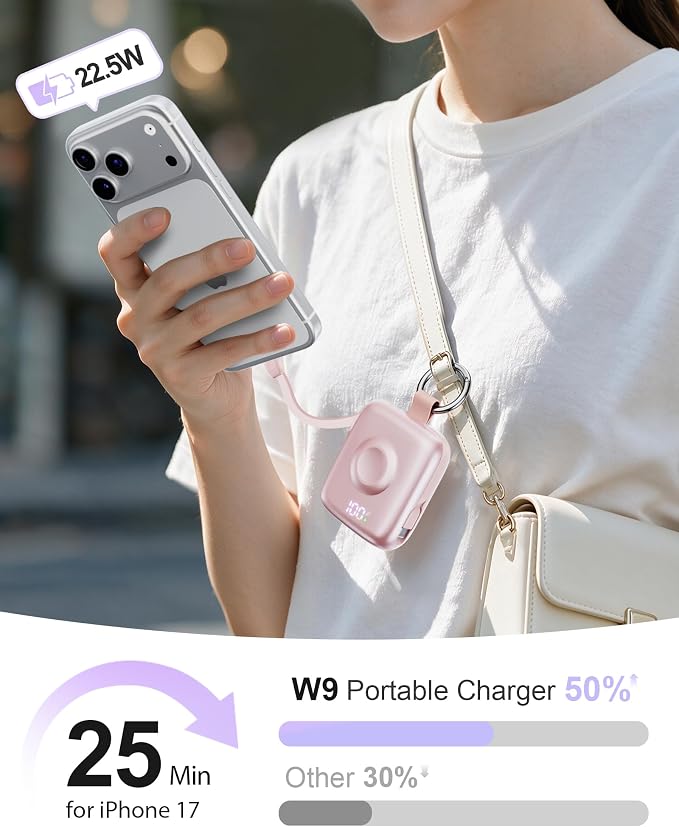 Portable Charger 3 in 1, Smaller 10000mAh Built-in Cables 22.5W Power Bank | Travel Essentials, Fast Charging Keychain Battery Pack for iPhone17/16/15/14/13, Android, iWatch Ultra/11/10/9/8, Pink - Image 5