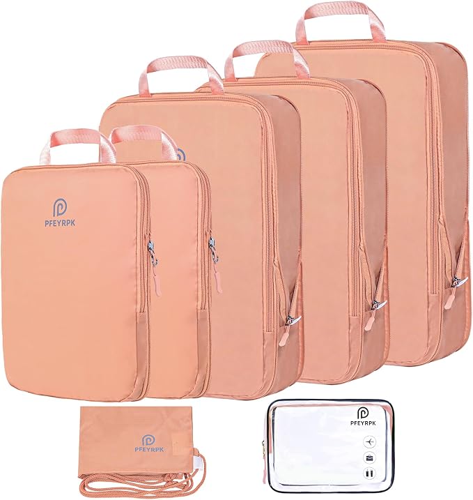 PFEYRPK Lightweight Compression Packing Cubes for Suitcases, Compressible Expandable Travel Packing Organizer with Clear Toiletries and Backpack Bag, Travel Essentials for Carry on Luggage 7 Set by PFEYRPK