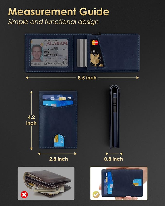 QLD Wallet for Men - RFID Blocking [Functional & Practical] Bifold Slim Minimalist Credit Card Holder Pop Up Metal Case with Cash Slot, Front Pocket with ID Window, Gift Boxed - Image 7