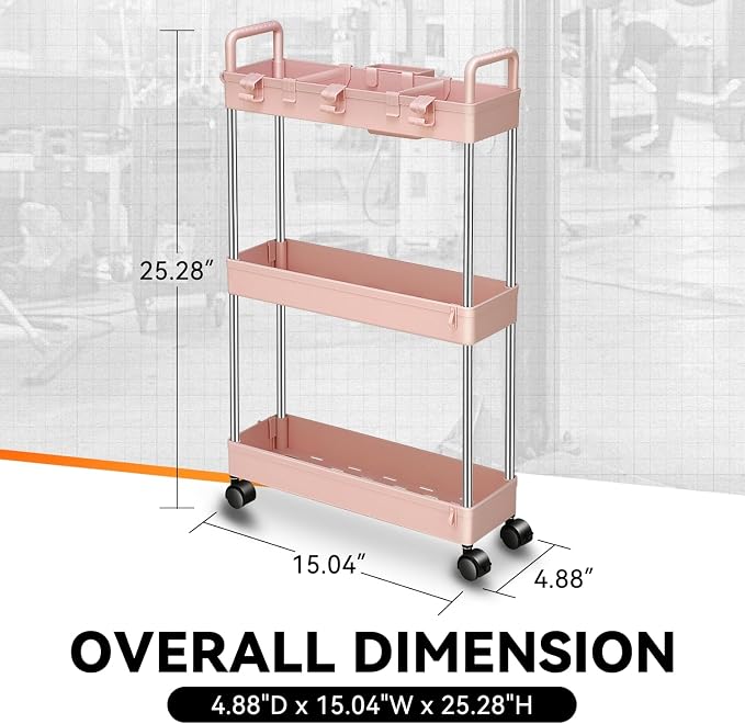 Auto Dynasty 3-Tier Rolling Utility Cart w/Handle, Narrow Storage, Pink | Sturdy Steel Frame, Smooth-Rolling Casters, Multifunctional Shelves, Space-Saving Slim Design, for Office/Kitchen/Bathroom - Image 8