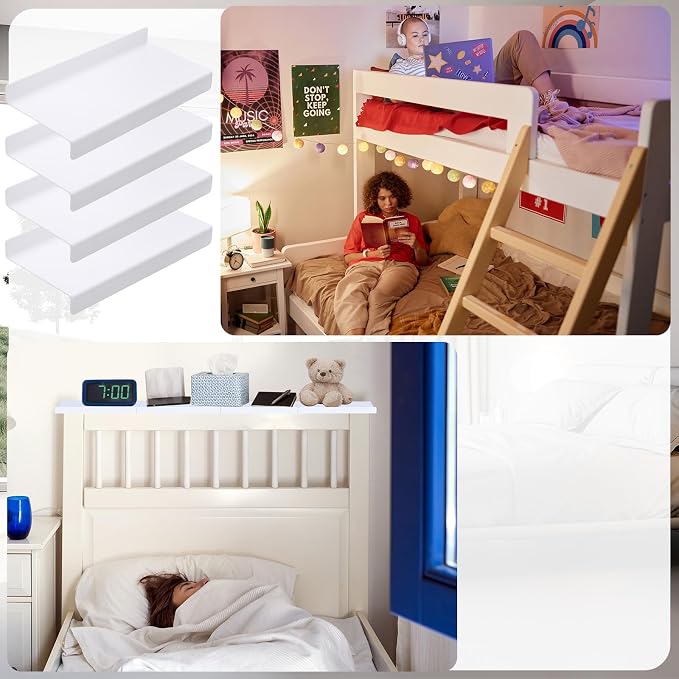 Hoteam 4 Pcs Headboard Shelf No-Screws Dorm Bed Shelf Self Adhesive White Dorm Headboard Storage with Acrylic Double Sided Tape Over Bed Organizer for Flat Top Headboards Home Bedroom Renter - Image 6