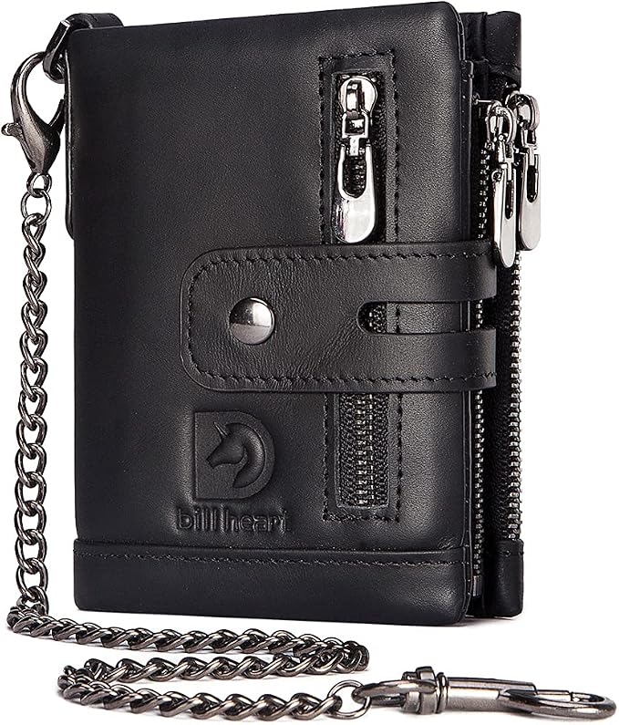 Mens Wallet with Chain Genuine Leather Purse RFID Blocking Bifold Double Zipper Coin Pocket with Anti-Theft Chain by bill+heart