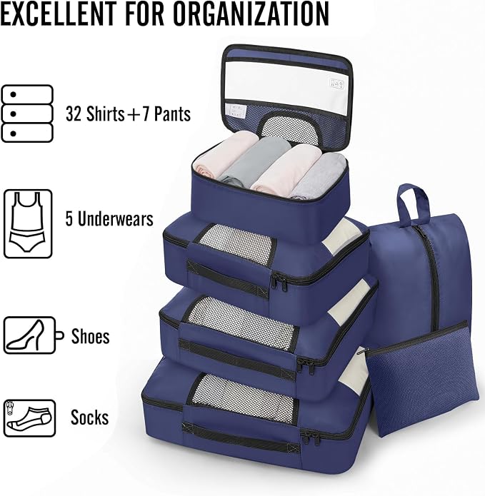Veken 8 Set Packing Cubes for Travel Essentials,Anti-Wrinkle Buckled Suitcase Organizer for Shoe & Toiletry Bag,Carry On Luggage Bag with 99+ Count Mesh Holes for Airplane & College Dorm Accessories - Image 6
