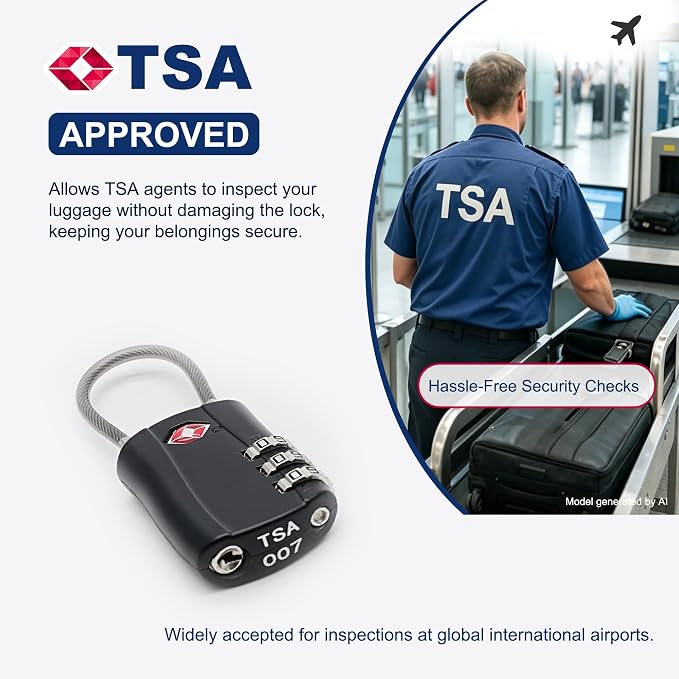 TSA Locks for Luggage, Small Padlock Combination with Cable, Luggage Locks TSA Approved, Combo Padlock with Code, for Travel Suitcase, Gym Locker, Gun Case, Backpack Zipper (Black+Black) - Image 3
