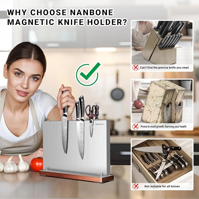 Magnetic Knife Block Stand Without Knives Double Sided Magnetic Knife Holder Rack for Kitchen Counter Stainless Steel Knife Magnetic Strip Display Stand Storage Organizer with Wood Base - Image 6