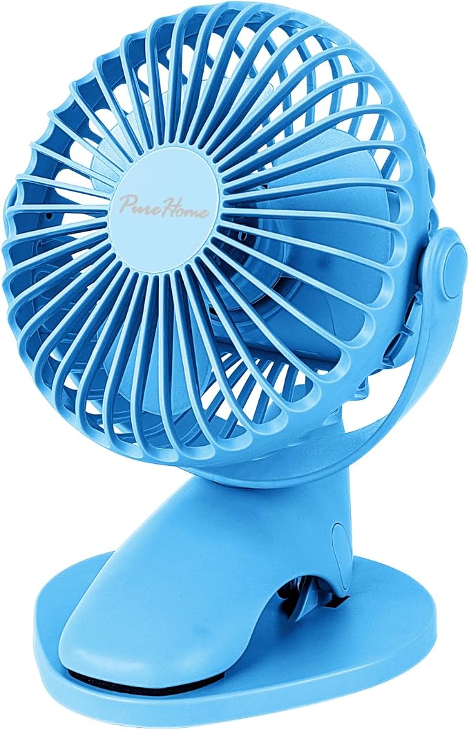 Portable Clip Fan Battery Operated,3 Speeds USB Rechargeable Mini Table Fan with Strong Airflow,360°Rotation Ultra Quiet Personal Desk Fan for Home Office Bedroom Dorm Stroller Camping - Blue by PureHome