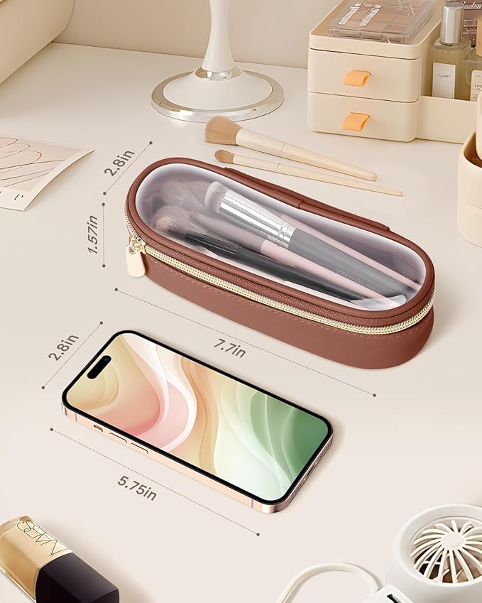 Soimeat Clear Travel Makeup Brush Holder, Leather Makeup Brush Toiletry Bag, Portable Cosmetic Brush Case, Transparent Waterproof Makeup Brush Storage Bag, Brown - Image 3