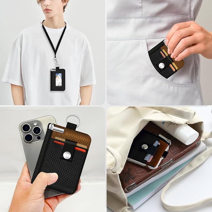 Minimalist RFID Blocking Small Wallet with ID Window,WaterResistant Zip Id Case Wallet with Lanyard Keychain for Cards,Cash,Travel,Women,Men (Black/Brown) - Image 9