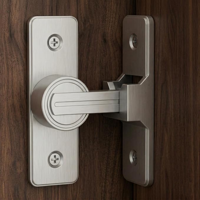 Barn Door Lock Latch - 90-Degree Lock, Heavy Duty Zinc Alloy Security Door Lock for Bathroom, Garage, Bedroom, Cabinet - Nickel - Image 6