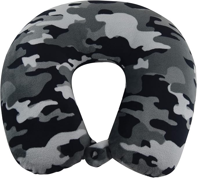 Wolf Essentials Adult Cozy Soft Microfiber Neck Pillow for Travel – Compact, Machine Washable - Perfect for Airplane, Car, or Home Use - Filled and Finished in The USA – Black Camo by WorldsBest