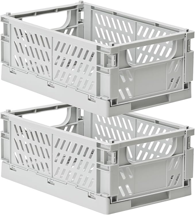HUUSMOT 2-Pack Collapsible Plastic Storage Baskets, Grey, 9.8"x6.5"x3.8" | Pastel, Space-Saving, Collapsible Plastic Bins, Cute Mini Storage Crates, for Classroom, Kitchen, Office, Bedroom by HUUSMOT