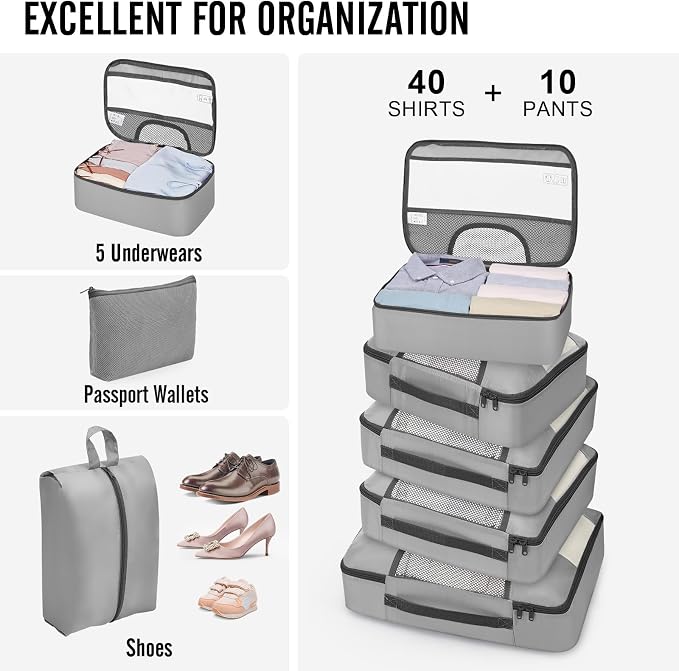 Veken 10 Set Packing Cubes for Travel Essentials,Anti-Wrinkle Buckled Suitcase Organizer for Shoe & Toiletry Bag,Carry On Luggage Bag with 99+ Count Mesh Holes for Airplane & College Dorm Accessories - Image 5