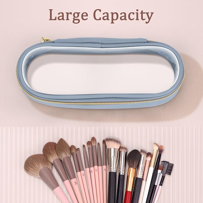 Soimeat Clear Travel Makeup Brush Holder, Leather Makeup Brush Toiletry Bag, Portable Cosmetic Brush Case, Transparent Waterproof Makeup Brush Storage Bag, Blue - Image 6