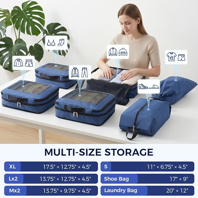 BAGAIL 8 Set Compression Packing Cubes, Expandable Luggage Organizer Bags for Travel Accessories (Navy) - Image 4
