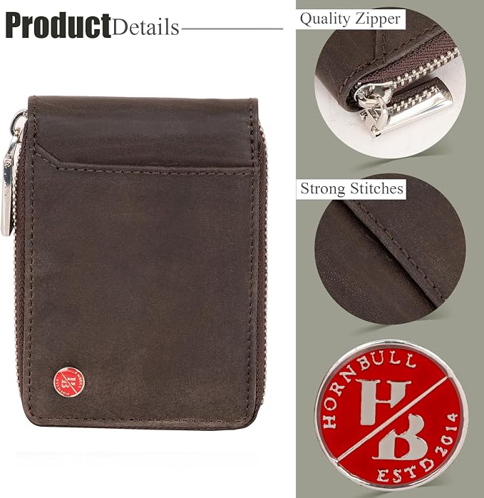 HORNBULL Steve RFID Blocking Leather Wallet for Men | Vertical Credit Debit Card Holder, Zip Around Wallet (Brown) - Image 6