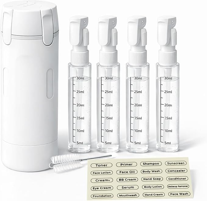 4-in-1 Travel Bottles for Toiletries, Travel Pump Bottle，Leak-Proof Shampoo Conditioner Lotion Dispenser with Pump, Compact No-Spill Toiletry Containers for Travel & Business Trips (White) by OvOHapia