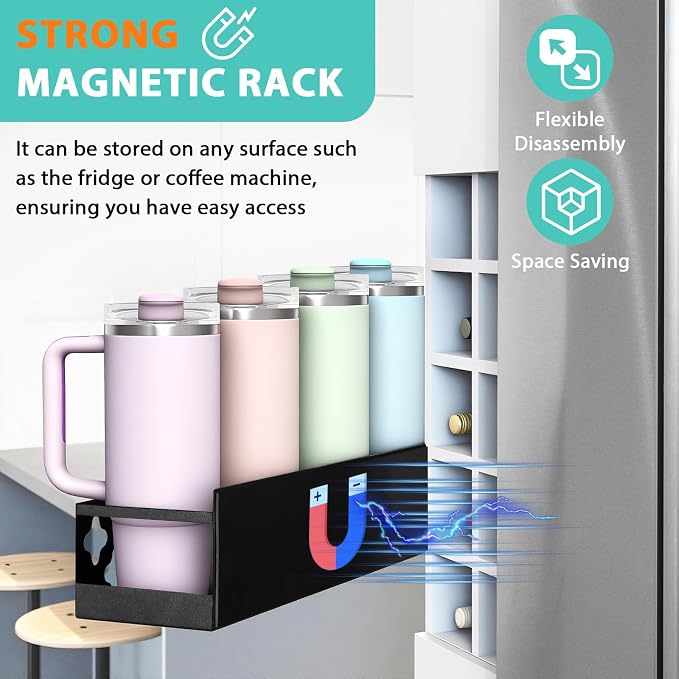 Magnetic Water Bottle Organizer for Fridge, Magnetic Cup Holder for Stanley 30 40 Oz with Tumbler Lid & Straw Organizer, 8 Tumblers Kitchen Storage Rack for Stanley Cup Accessories, Space-Saving - Image 3