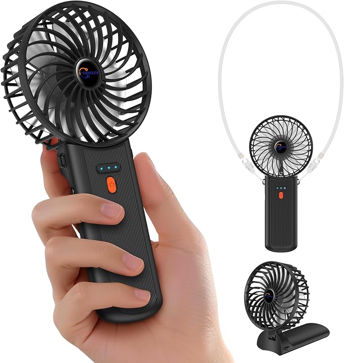 Portable Handheld Fan with Neck Lanyard, Black | 180° Foldable, 4 Wind Speeds, 16 Hours Battery Life, Low Noise, USB-C Rechargeable, Weighs only 106g, Removable Mesh Cover by J-BRAUVStore