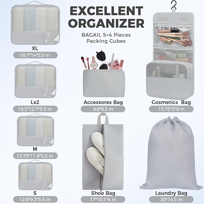BAGAIL 9 Set Packing Cubes with Packing List Luggage Packing Organizers for Travel Accessories (Light Grey) - Image 5