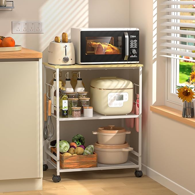 ThreeHio Rolling Kitchen Microwave Cart, 3 Tier Microwave Table Stand with Storage, Kitchen Utility Cart on Lockable Wheels, Small Coffee Station Shelf Rack Organizer for Living Room Office, Balcony by ThreeHio