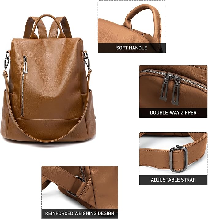 Fashion Backpack Purse For Women Anti-theft Rucksack Pu Leather Lightweight Water-resistant Shoulder Bag, Brown - Image 5