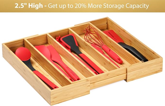 Expandable Kitchen Drawer Organizer, 2.5" High Bamboo Utensils Silverware Tray, Adjustable Large Deep Wood Organization Holder - Image 5