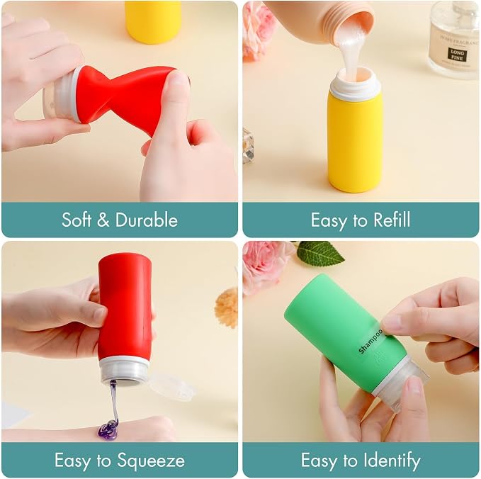 6 Pack Travel Bottles for Toiletries - TSA Approved 3oz Leakproof Travel Size Containers, BPA Free Silicone Refillable Squeezable Bottles, Travel Essentials for Shampoo and Conditioner (Multicolor) - Image 3